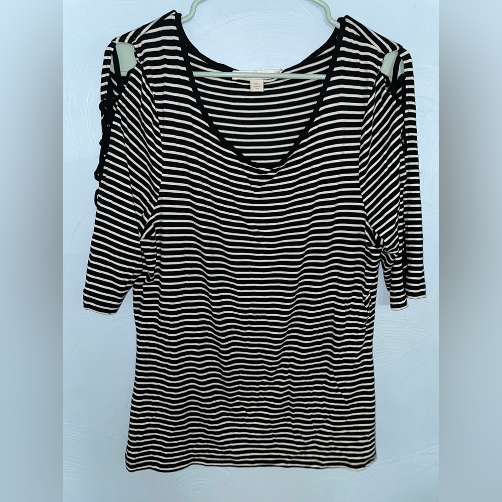 Women’s Large Boston Proper 3/4 Sleeve Black/White Striped Top